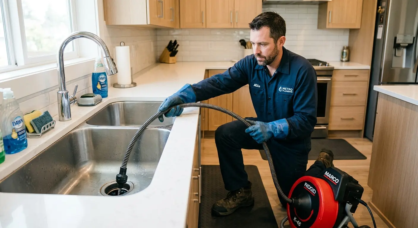 Drain cleaning technician using a motorized snake on a kitchen sink in Murphy