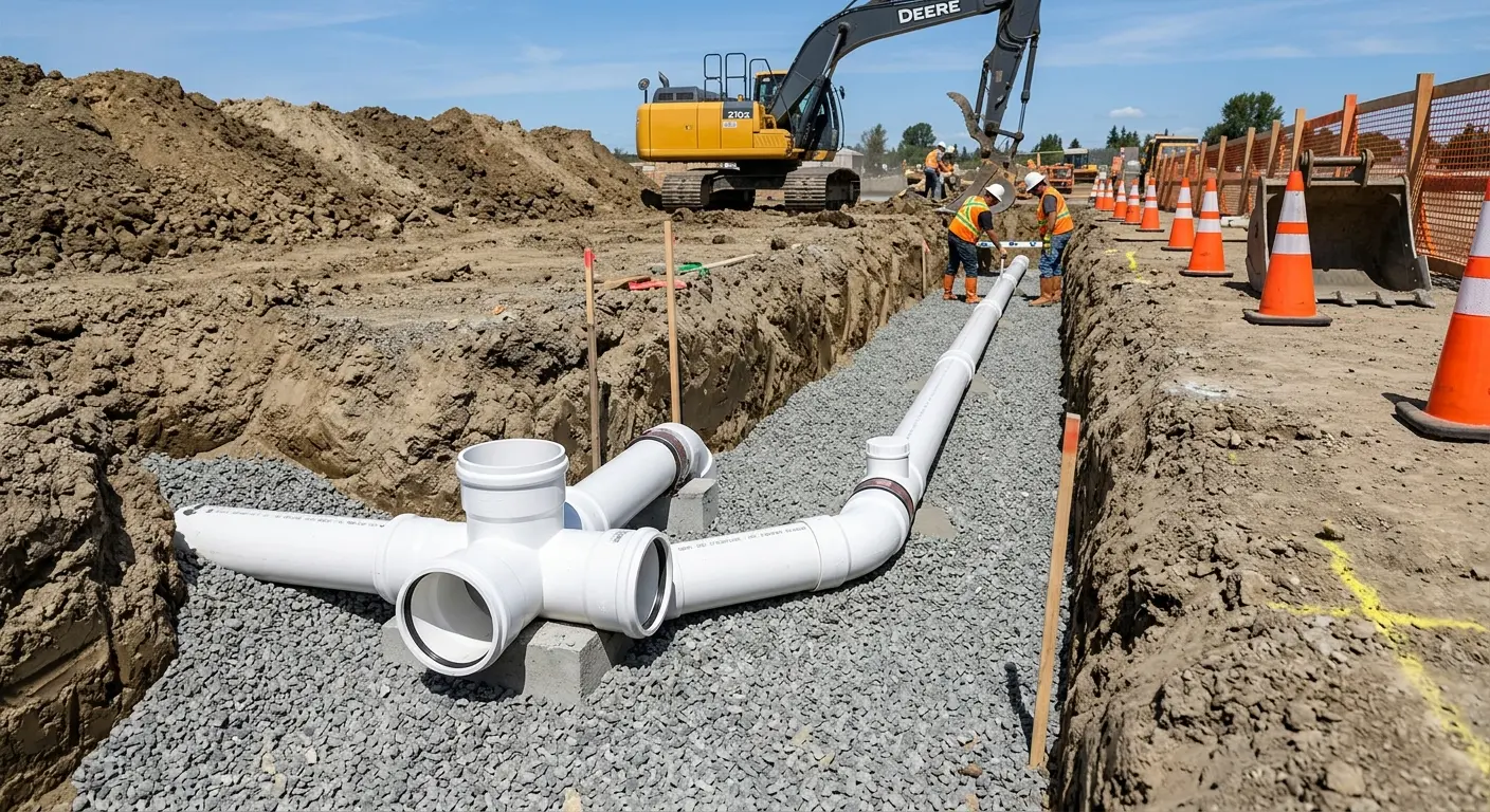 New PVC sewer pipe installation in open trench for Sewer Backup in Murphy