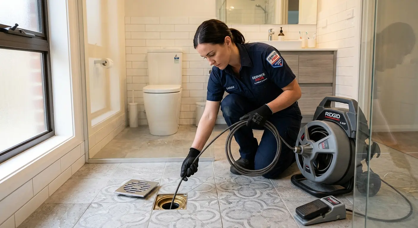 Technician clearing a bathroom floor drain for Hydro Jetting in Murphy